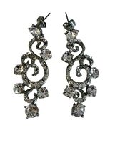 Vintage Rhinestone Scroll Dangle Earrings Silver Tone Openwork Statement... - $14.40
