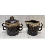 Creamer &amp; Sugar 2 Finger Handled Redware Pottery Drip Glaze Fruit Patter... - $28.04