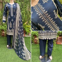 Pakistani Dark Blue Printed Straight Shirt 3-PCS Lawn Suit w/ Threadwork... - $49.50