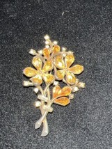 Vtg Crown Trifari Brooch Yellow/Orange Stone Flowers Clear stones one missing - £98.97 GBP