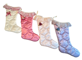 Vtg 1950s Satin &amp; Lace Quilted Victorian Style Christmas Stockings Pastels 15&quot; - £29.89 GBP