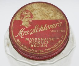 Mrs. Schlorer&#39;s Mayonnaise Clear Glass Bottle Jar Advertising w/ Tin Lid - $14.84