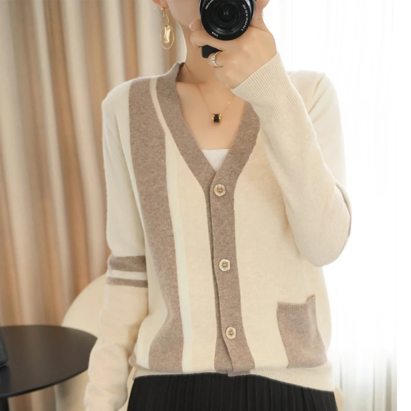  Spring New V-Neck  Cardigan Women&#39;s Color Matching All-Match  Coat Hit Color  L - £267.55 GBP