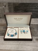 Bella Perlina Charm Slide Bead Bracelet Necklace Earrings Set Blue Silver Pearl - £19.85 GBP