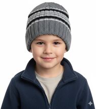 Ribbed Knit Beanie with Grey Black and White Stripes Boy Girl Winter Hat... - $9.89