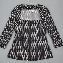 Worthington Women Shirt Size L Black Stretch Off-White Preppy Print Square Neck - £9.90 GBP