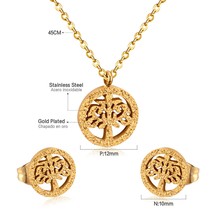 Inless steel tree of life necklace earrings set for women girls hollow round cz pendant thumb200