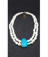 Freshwater Pearl Necklace with Blue Chalcedony Pendant- - £45.34 GBP