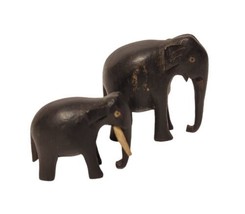 Set of 2 Vintage Hand Carved Wood Miniature Black Elephant Figures Statues  - £19.74 GBP