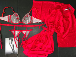 Victoria&#39;s Secret unlined 34C,36D,36DD BRA SET+garter+ROBE RED lilac Emb... - $138.59