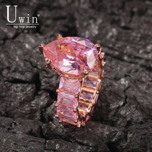 Uwin Water Drop Big Gem Baguette CZ Ring Full Gold Iced Out Ring Crystal Cubic Z - £21.15 GBP