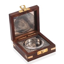 World Of Vintage Antique Silver Finish Brass Pocket Compass in Wooden Box Pirate - £20.77 GBP