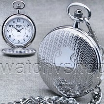 Pocket Watch Silver Color Slim 47 MM for Men Arabic Numbers dial Fob Chain P76 - £18.33 GBP