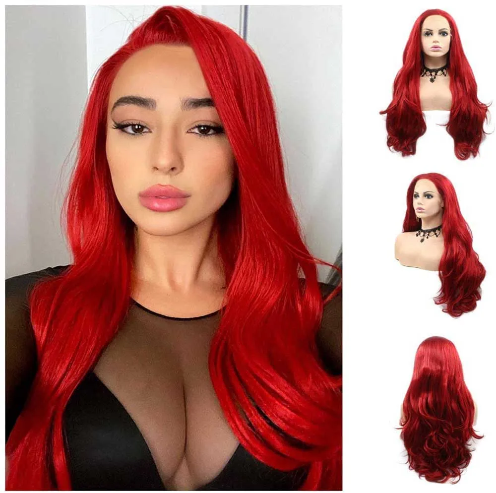 Sylvia Long Hair Red Color Wavy Synthetic Lace Front Wig For Women Side Part - £30.71 GBP