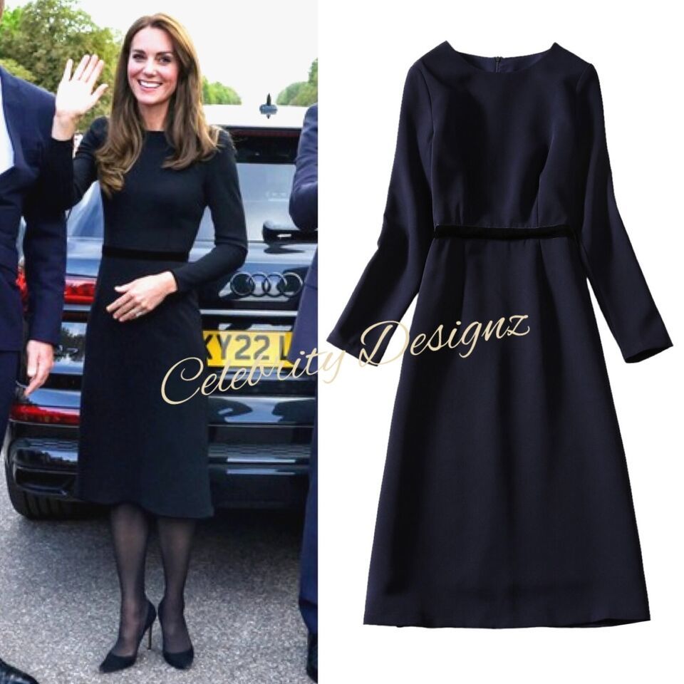 Kate Middleton Inspired Black Waistband Body-hugging Jersey Sheath Dress in Navy