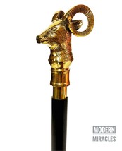 Antique 3 fold Design Brass Goat Handle Style Wooden Folding Black Walki... - £26.32 GBP