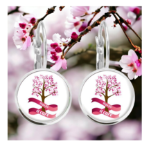Earrings Pink Ribbon Breast Cancer Hope For A Cure Tree of Life Silver Leverback - £11.06 GBP