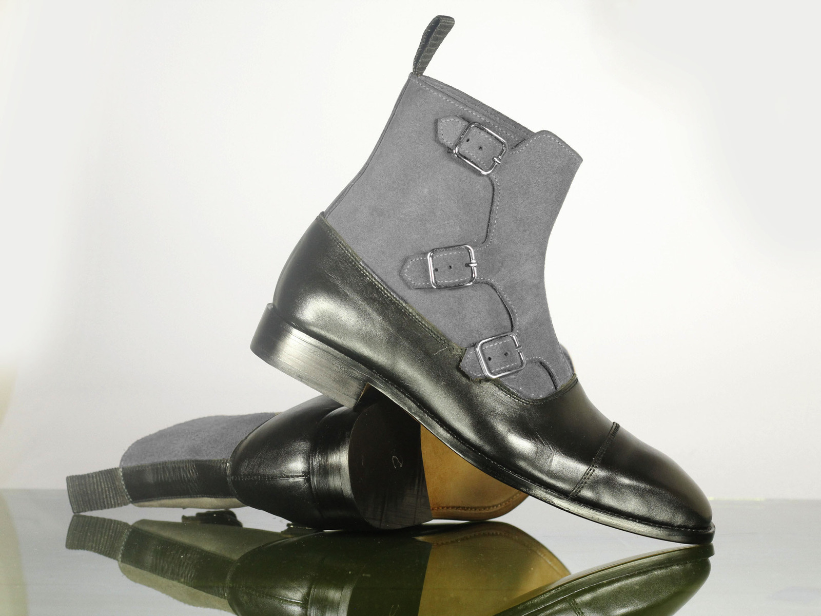 Handmade Men Black Gray Cap Toe Leather Suede Triple Monk Strap Buckle Boots
