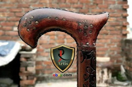Wooden Cane Walking Stick with Leather Carved Cane Light Comfortable Handle - $48.75