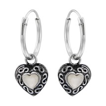 Heart Shape Paramour Shell Charm 925 Silver Hoop Earrings - £13.30 GBP