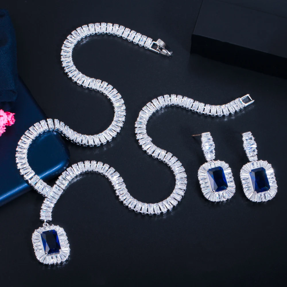 Bling Square Drop Dark Blue Cubic Zircon Necklace and Earrings Women Party Jewel - £29.07 GBP