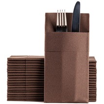 Brown Dinner Napkins Cloth Like With Built-In Flatware Pocket, Linen-Fee... - £39.37 GBP