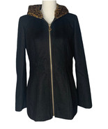 Womens ANNE KLEIN Black Wool Blend Coat Animal Print Faux Fur Hood Zip F... - $909.39 MXN