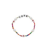 Multi Color Glass Bead, Imitation Pearl &amp; Word &quot;Love&quot; Gold Tone Stretch Bracelet - £27.62 GBP