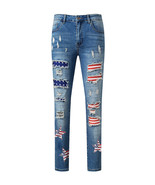 Sky Blue Sequin American Flag Star Graphic Distressed Straight Jeans - $672.64 MXN