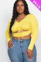 Plus Size Yellow Drawstring Ruched Cutout V Neck Long Sleeve Crop Top - £9.48 GBP