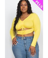 Plus Size Yellow Drawstring Ruched Cutout V Neck Long Sleeve Crop Top - £9.59 GBP