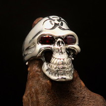 Men&#39;s Gamer Ring black Biohazard Toxic Waste Skull red CZ Eyes - Sterling Silver - £80.23 GBP