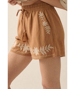 Khaki Embroidered Boho Tasseled Drawstring Elastic Waistband Casual shorts - $246.28 MXN
