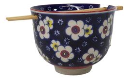 Blue Ume Plum Blossoms Ceramic Donburi Ramen Soup Red Bowl With Chopstic... - $18.99