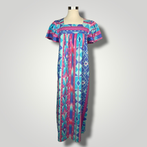 Vintage Dress Housedress Mumu Shift Southwestern Maxi Pink Blue Cotton A1014 - £33.18 GBP