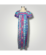 Vintage Dress Housedress Mumu Shift Southwestern Maxi Pink Blue Cotton A... - £32.87 GBP