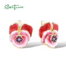 Silver Earrings For Women Pure 925 Sterling Silver Red Purple Blooming Flower Tr - £56.66 GBP