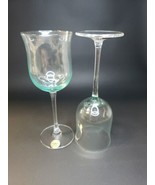 2 Block Crystal Green Balloon Wine Goblet Hand Blown Glasses - £22.41 GBP