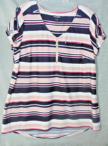 Roz &amp; Ali Womens XL Stretch Knit Striped Blouse Shirt Cap Sleeves 1/4 Zip Neck - £5.91 GBP
