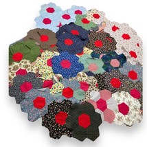 69 Vtg Grandmas Flower Garden Hexagon Quilt Blocks Hand Sewn Multicolor ... - $49.01