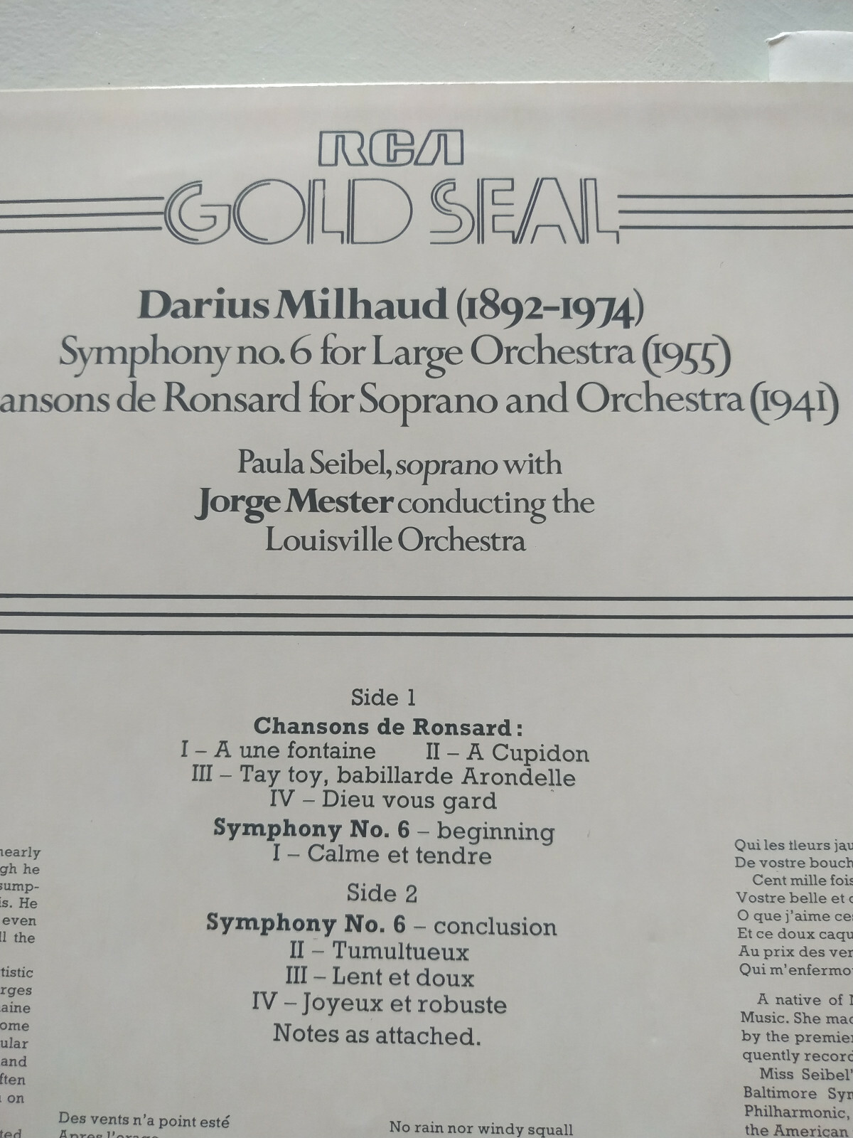 Darius Milhaud Symphonie 6 Jorge Mester 1976 Rca - LP 12 " vinile VG/VG Am Item image 4