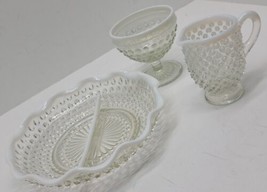 3 Vintage Fenton Milk White &amp; Clear Hobnail Glass Cup Creamer &amp; Candy Dish Plate - £20.03 GBP