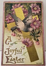 Joyful Easter Gold Cross Purple Flowers Flying Bird c1910 Postcard E19 - £3.10 GBP