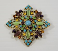 *B) Vintage Gold Tone Colorful Turquoise Citrine Rhinestone Flower Brooch Pin - $24.74