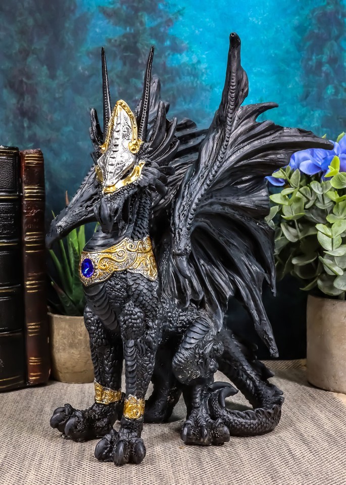 Blue Sapphire Golden Armored Combat Dragon Standing Guard In Faux Stone ... - $26.99
