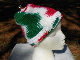 Hand-Made Crocheted Christmas Hat With a Jingle Bell on top/ Red,green &amp; White - £9.96 GBP