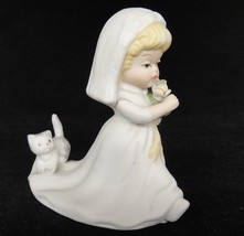 Enesco Blonde Bride Figurine Kitten Cat on Dress Train Bisque Porcelain - £7.48 GBP