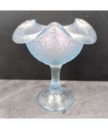 Fenton Persian Medallion Iridescent Velva Blue Stretch Glass Compote Vtg... - $42.04