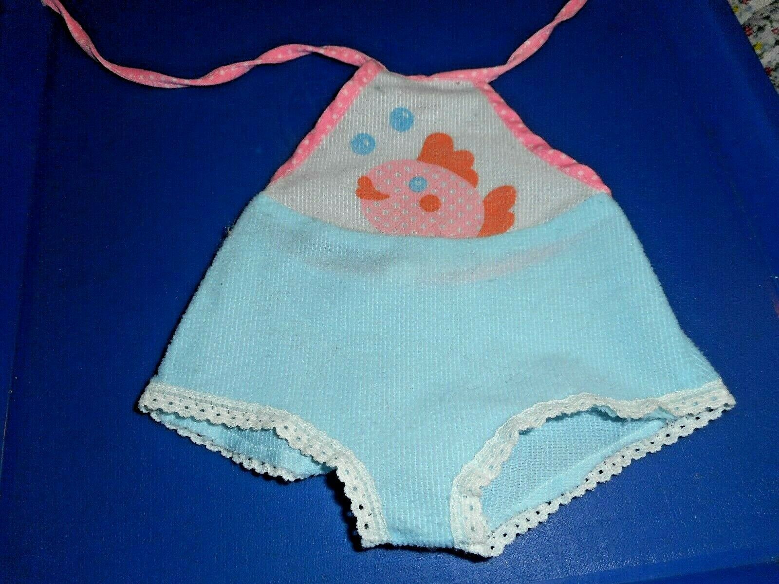 IDEAL DOLL AQUA BLUE WHITE AND PINK POLKA DOTTED FISH W TIE SWIM SUN SUIT - $7.59