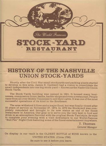 Primary image for Buddy Killen's Stock Yard Menu Nashville TN Bull Pen Lounge Minnesota Fats. 